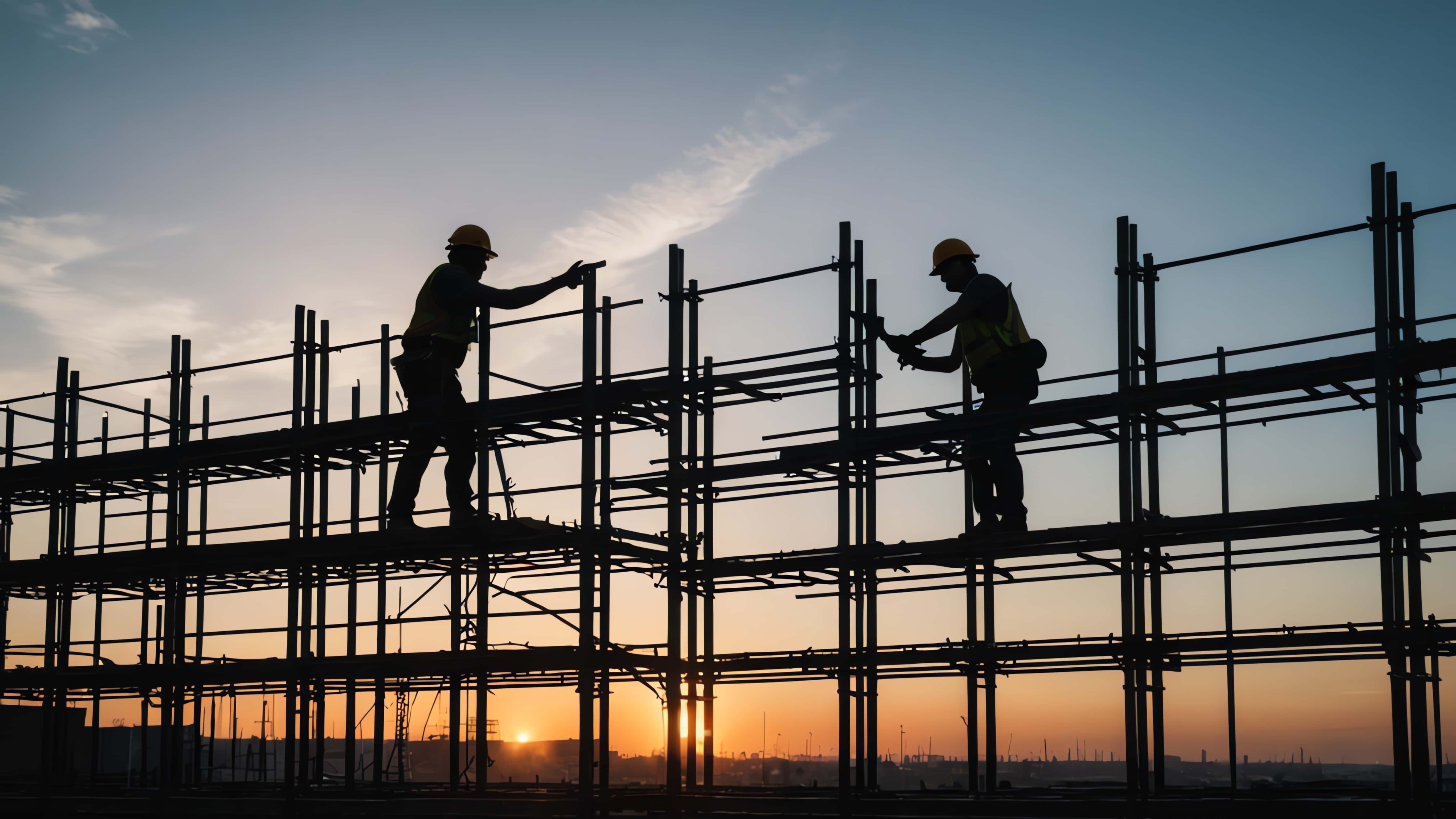 Construction workers on scaffolding at sunset